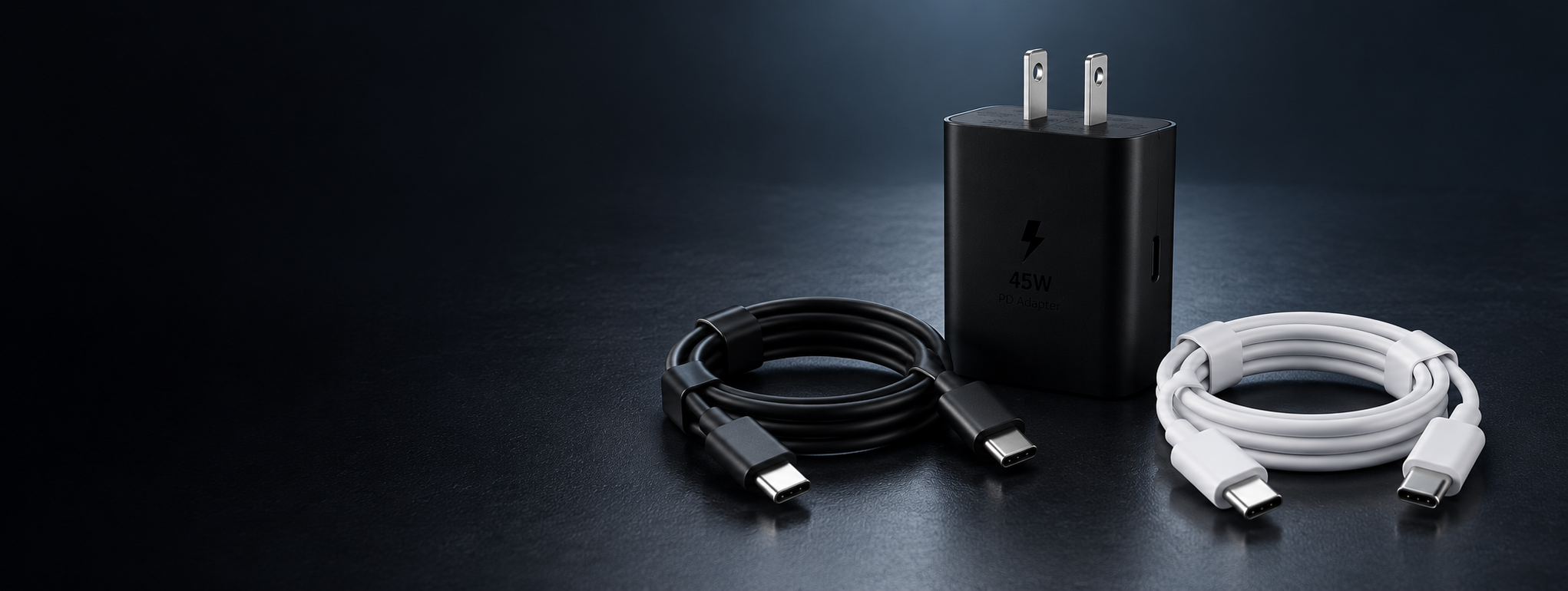 Cargador negro de 45 W y cables USB-C en negro y blanco